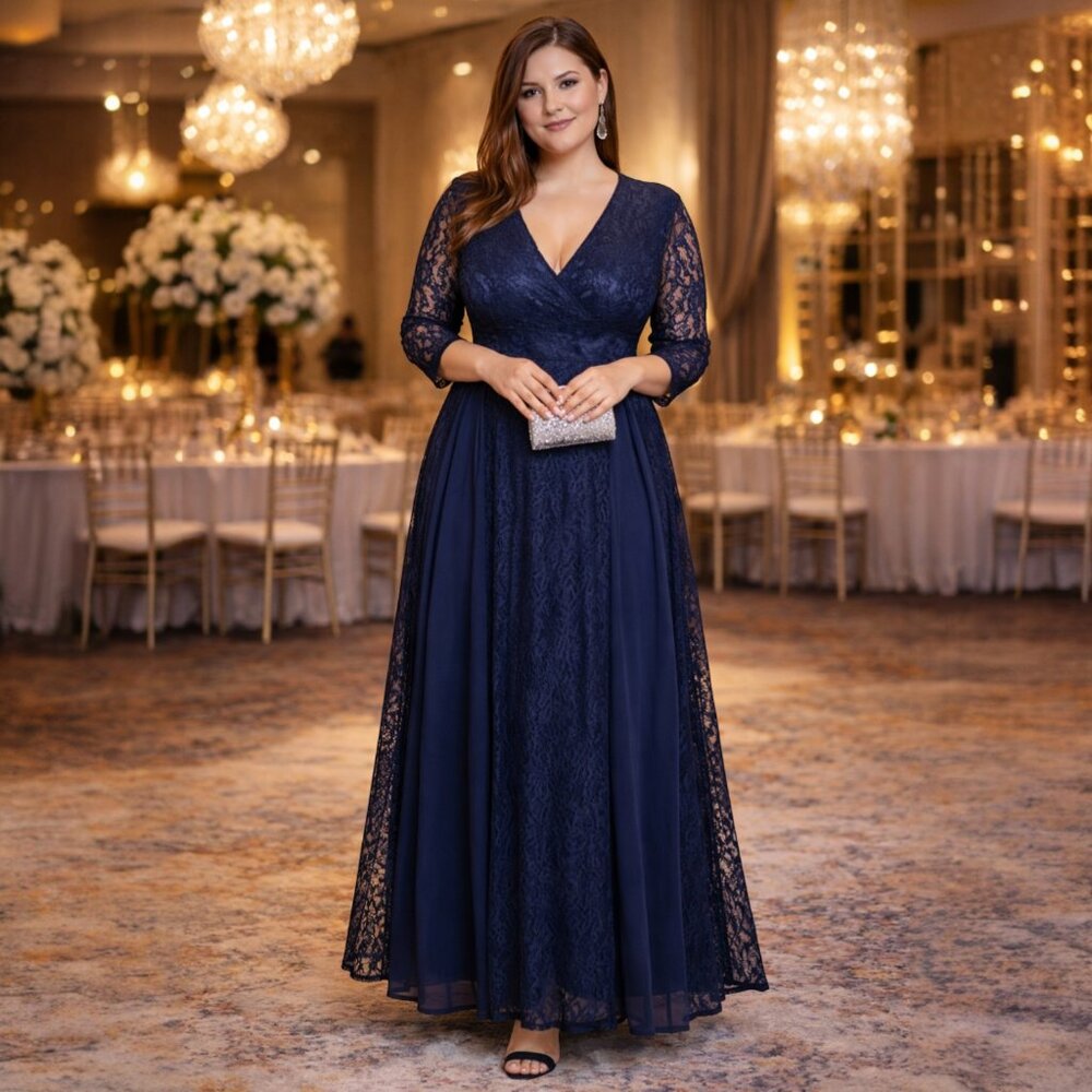 Yisibia 4XL Navy Lace Ball Gown Formal Plus Size Ladies Long Maxi Dress NWT - Picture 2 of 6